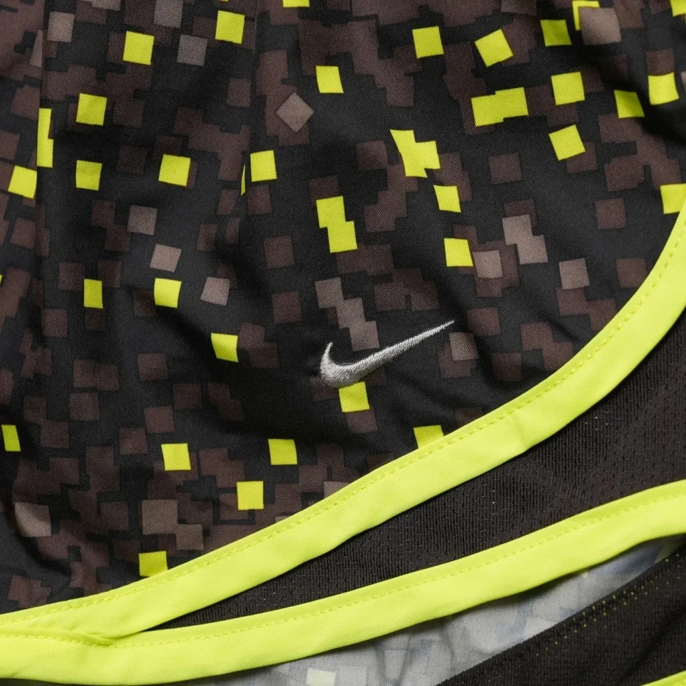 Nike Dri-Fit Running Shorts Women‎ M Brown Yellow Digital Pixel Print Drawstring